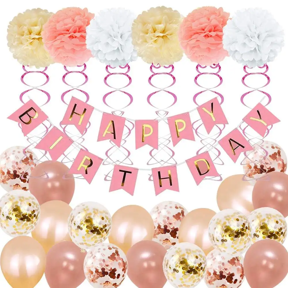 52Pcs Birthday Decorations Birthday Party Supplies for girl and women include Banners Balloons for 18th 19th 20th 21st