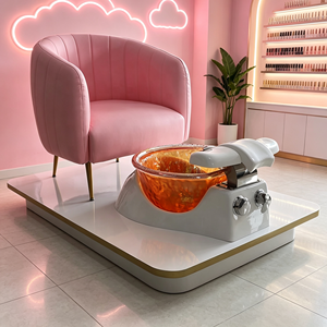 Fauteuil de pédicure spa avec base en fibre de verre, revêtement en cuir PU rose, fauteuil de pédicure avec bassin pour les pieds en verre, chaise de bain de pieds pour salon de manucure - Product Image 2