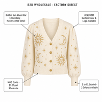Cardigan en tricot personnalisé OEM pour femme, brodé soleil, lune et étoiles, col en V, boutonné sur le devant, vente en gros