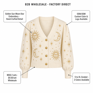 Cardigan in <span class=keywords><strong>Maglia</strong></span> OEM Personalizzato per Donna <span class=keywords><strong>con</strong></span> Ricamo Celeste Sole Luna Stelle, Scollo a V e Bottoni Frontali, Vendita all'Ingrosso - Product Image 4