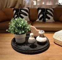Plateau de service rond en bois personnalisé avec perles Plateau de table basse en bois noir vintage pour salle à manger