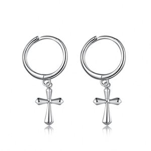 Dylam NO MOQ Stylish 925 Sterling <b>Silver</b> Rhodium Plated Simple Design Dangle Cross <b>Hoop</b> <b>Earrings</b> for Women - Product Image 1