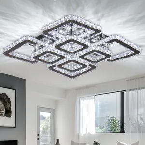 Square Modern Crystal Chandelier LED Flush Mount Crystal Ceiling Light For Living Room Bedrooms Dining Room