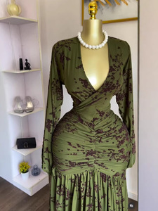 Abito plissettato stampato a maniche lunghe stile americano GX-2026 <span class=keywords><strong>con</strong></span> elasticità di alta qualità, maniche lunghe e <span class=keywords><strong>gonna</strong></span> lunga - Product Image 3