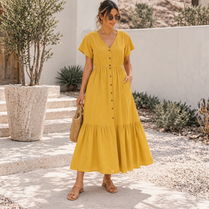 Yellow V-Neck Short Sleeve Midi <b>Dress</b> <b>With</b> Button Front And <b>Pockets</b> Boho A-Line Loose Fit Summer Casual <b>Dress</b> - Product Image 1