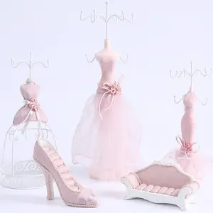 Cute Pink Wedding Dress Metal Jewelry Display Stands Set Necklace Bracelet Display Bust