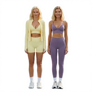 EnovStars Solid Seamless Women's 4-Piece Activewear Set Sports Bra <b>Crop</b> Jacket Shorts Leggings Custom Private Label <b>Top</b> - Product Image 3