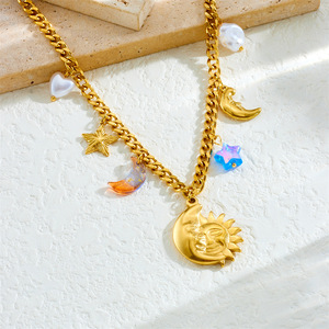 Sun And Moon Portrait Star Chunky Chain Pendant Gold Plated Stainless Steel Necklace For Women Gift - Product Image 2