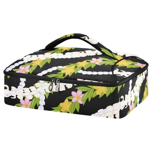 Sac isotherme portable promotionnel personnalisé pour livraison de repas et pizzas, motif hawaïen Puakenikeni noir, idéal pour le barbecue - Product Image 1