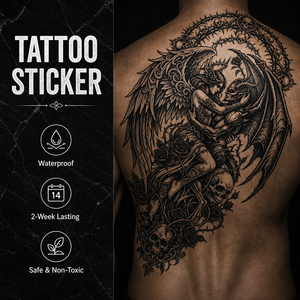 <span class=keywords><strong>Tatuaggio</strong></span> Temporaneo HF Gotico Angelo e Demone, Amanti Abbracciati, Teschio, Rose e Spine, Stile Dark, Pezzo Unico per Eventi Cosplay, Originale - Product Image 1