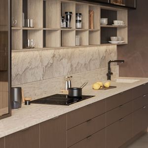 Gabinetes de cocina de chapa de madera con diseño de isla personalizado con puerta de vidrio Grano de madera y grifo para Proyecto de Villa - Product Image 4