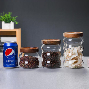 Airtight Glass Storage <b>Jar</b> <b>With</b> Wooden <b>Lid</b> For Coffee Beans Grains Seasonings Round Shape 2535 - Product Image 3