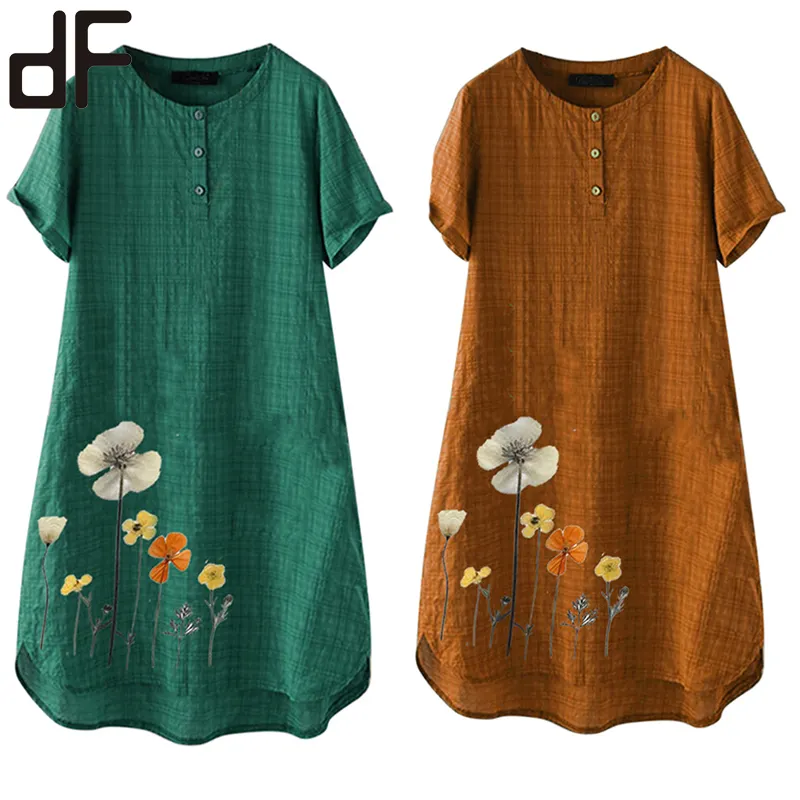 newspring summer vintage style muslimah tunic shirt dresses button up flower printed round neck a line short sleeve cotton dress