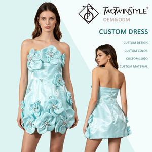 Mini Abito di Lusso Blu Menta con Fiori 3D in Raso, Vestito da Sera Senza Spalline con Strass e Corsetto per Feste e Balli di Gala, Vendita all'Ingrosso - Product Image 1