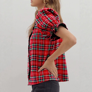 <strong>Women</strong> Christmas Red <strong>Tartan</strong> Plaid Ruffle Blouse V Neck Puff Short Sleeve Button Down Holiday Shirt Custom Logo Print - Product Image 2