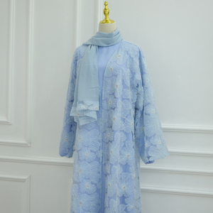 Ensemble de 3 pièces, <span class=keywords><strong>Abaya</strong></span> de luxe Dubaï + robe de dessous + hijab, dentelle florale 3D brodée, robe à perles, cardigan, robe pour femmes musulmanes - Product Image 3