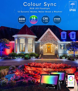 Dusktec độ sáng cao IP66 ngoài trời 80W thông minh <span class=keywords><strong>RGB</strong></span> lũ Đèn ứng dụng điều khiển đa màu trắng ấm nhôm <span class=keywords><strong>Led</strong></span> Đèn Pha - Product Image 2