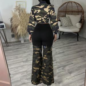 Conjunto de 2 Piezas para Mujer, Camuflaje, Manga Larga, Cintura Descubierta, Pantalón de Mezclilla Elástica con Cinturón, Personalizado, a la Moda - Product Image 2