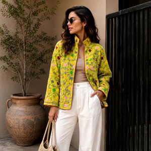 <b>Yellow</b> Floral Embroidered Cotton Blazer Mandarin Collar Full Sleeve Spring Women's Jacket Handmade Boho Chic Style - Product Image 1