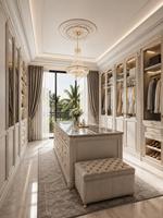 Armoire de luxe sur mesure en bois massif de style français vintage avec portes sculptées dorées, dressing intégré pleine hauteur pour chambre à coucher