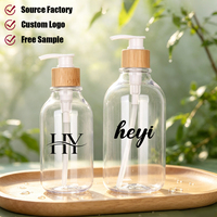 Botol Kosmetik Ramah Lingkungan dari Plastik dengan Pompa Bambu Isi Ulang 300ml 500ml untuk Lotion, Sampo, Sabun Mandi