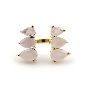 Rosa Calcedonia piedras preciosas Latón chapado en oro ajustable punta conjunto pera forma Hip Hop hecho a mano diseñador moda anillo regalo al por mayor - Product Image 1