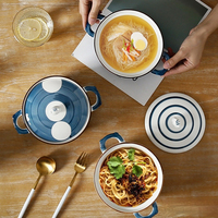 Bol à ramen de style japonais avec couvercle et poignée, double anse anti-brûlure, en céramique, pour la maison et les restaurants