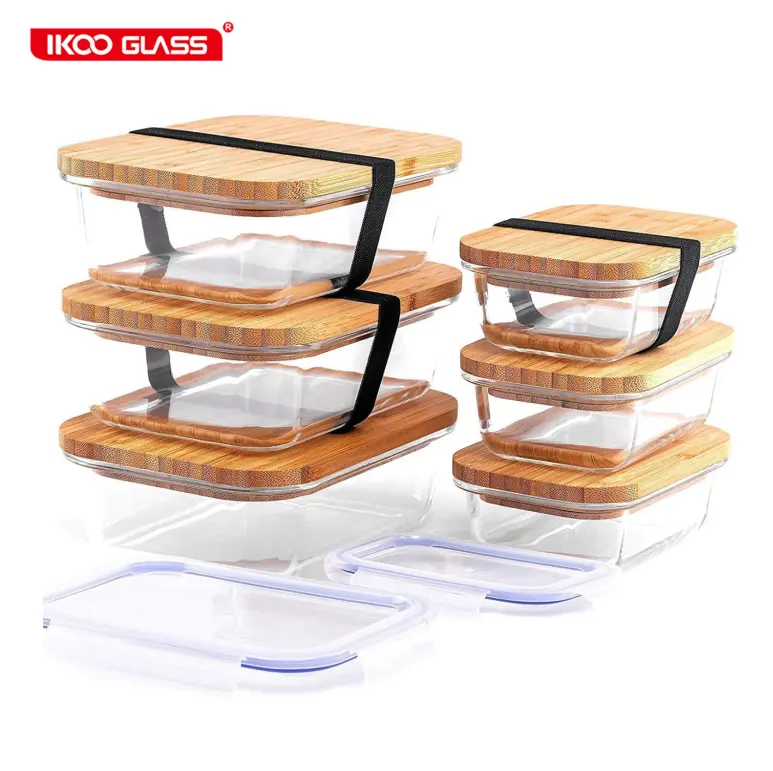 Eco-friendly glass food storage box bamboo wood lid/Glass container with bamboo lid