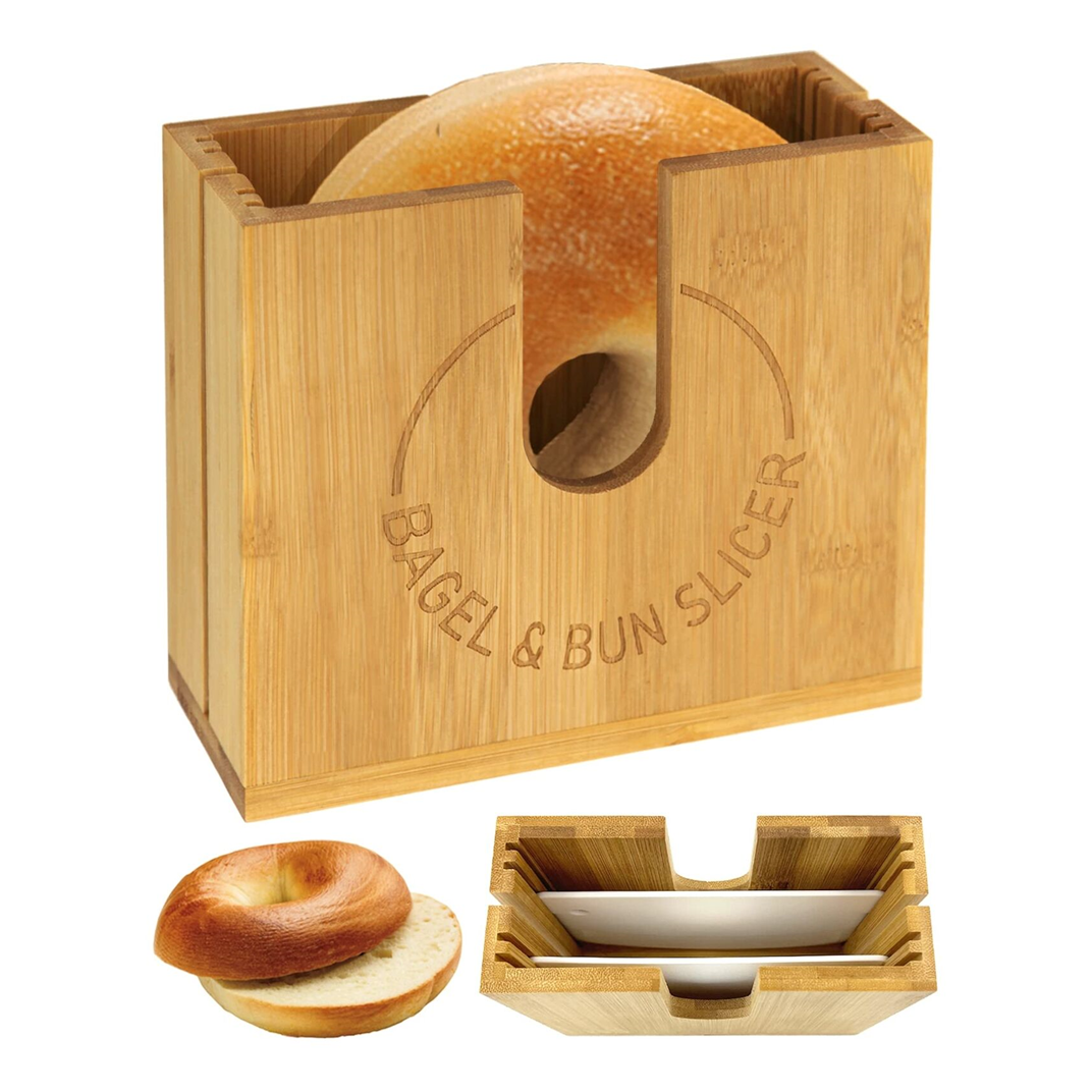 thumbnail interactive-video image 1 of Large Adjustable Bagel Slicer Holder, Large, Natural Bamboo Grain 1 of 10
