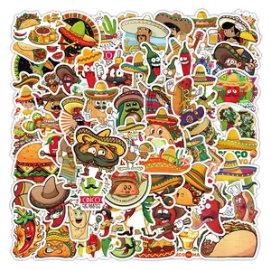 60pcs 만화 멕시코 음식 스티커 인쇄 사용자 정의 로고 컷 비닐 기타 수하물 전화 벽 멕시코 음식 축제 스티커