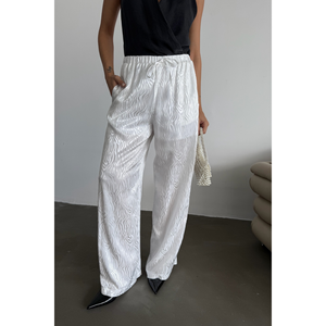 Pantalon large décontracté en satin jacquard respirant pour femme, taille élastique, blanc, taille XL, avec bande latérale décorative colorée - Product Image 5