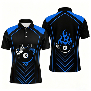 Maglietta da uomo S.Q.F. nera e blu con stampa 3D a blocchi di colore, motivo Re con corona, 8-Ball, fiamma, ali e strisce geometriche per biliardo competitivo - Product Image 1