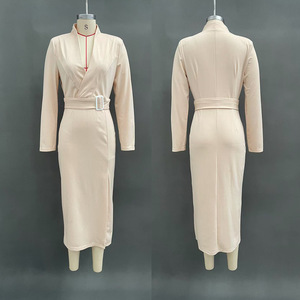 Robe midi à col châle pour femme - Manches longues, ceinturée, moulante, vêtements pour femmes, robes pour femmes, mode - Product Image 4