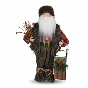 Homestead Rustic Tartan 36in Standing Santa Sculpture Twig Cast Iron Sled for Winter Barn Decor - Product Image 2