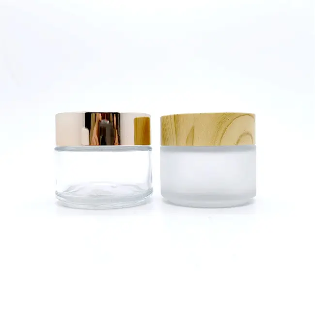 Recipiente de creme facial cosmético, recipiente de 5ml, 15ml, 30ml, 50ml, 100ml, frasco de vidro transparente fosco com tampa de madeira de bambu, venda imperdível