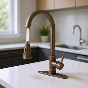 Robinet mélangeur d'évier de cuisine en alliage de zinc finition bronze avec douchette extractible, double poignée, montage sur plan, fonction eau chaude et froide - Product Image 2