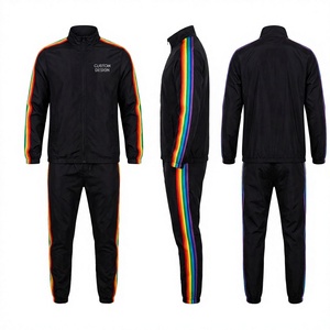 Men's Black <b>Rainbow</b> Tracksuit Set Full Sleeve Zipper Stand Collar Sporty Regular Fit Polyester Autumn Wear Side Pockets - Product Image 1