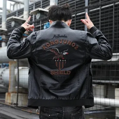 2022 Plus Size M-8XL Fashion Moto Biker Coat Wholesale Black Custom Logo Men PU Faux Leather Bomber Jacket