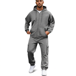 Conjunto Deportivo Gris para Hombre con Capucha, Sudadera Holgada con Cierre Completo y Pantalones Cargo de Color Sólido para Otoño - Product Image 1
