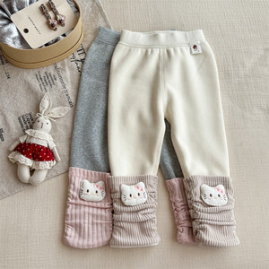 Cute Fleece-<b>Lined</b> Leggings For Girls Winter Warm Cartoon Kt Cat Style Long <b>Pants</b> Knitted Cotton Childrens <b>Pants</b> - Product Image 1