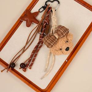 Llavero de peluche vintage con cabeza de perro, lazo a cuadros y cordón trenzado con estrella, colgante para bolso, accesorio de moda suave y ecológico, personalizado - Product Image 3