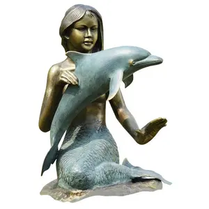 Garten Metall Meerjungfrau und Delphin Statue Bronze nackte Mädchen Meerjungfrau mit Delphon Wasser brunnen