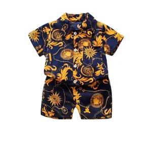 2023 hot sale fashion casual lapel single-breasted short-sleeved shirt shorts set boys baby new two-piece set