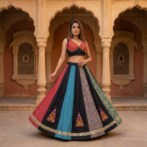 Elegante Conjunto de Lehenga Choli de Seda Estampada Multicolor Estilo Indo-Occidental para Ocasiones Festivas y Celebraciones de Navratri Garba para Mujeres - Product Image 1