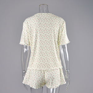 QINSI ressorts vêtements à volants pyjamas col rond manches courtes vêtements <span class=keywords><strong>de</strong></span> salon Pointelle imprimé fleuri Pj ensembles pour femmes <span class=keywords><strong>chemise</strong></span> <span class=keywords><strong>de</strong></span> <span class=keywords><strong>nuit</strong></span> - Product Image 5