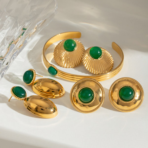 Elegant Gold Green Agate Oval <b>Earrings</b> Bezel Setting Stainless Steel <b>Post</b> Everyday Wear Fine Jewelry Set - Product Image 1