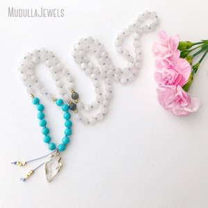 MN19802 Collar Mala de Cuentas de Piedra de Luna y Turquesa, 108 Cuentas, Clásico, de Sanación Natural, para Yoga y Meditación - Product Image 4