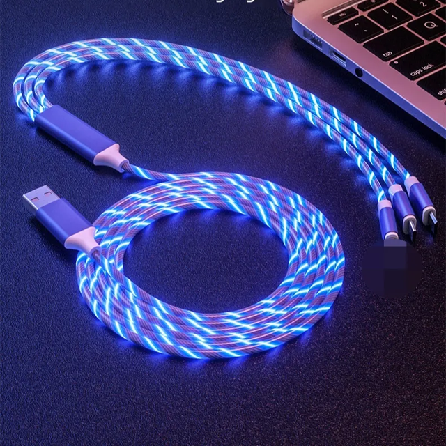 Christmas Gift 3 in 1 LED Glow Flowing Charger Usb Led Cable Micro USB Type C 8 Pin Charging