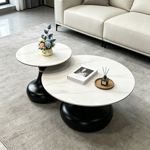 Ensemble de tables basses rondes modernes, plateau en marbre, base en métal noir, meubles contemporains pour salon - Product Image 1