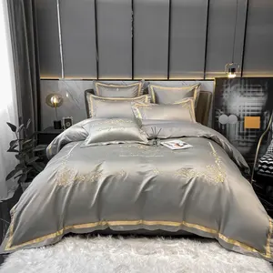 OEM/ODM gray washed silk adult duvet cover queen size purple embroidery pillowcase bedding sets supplier